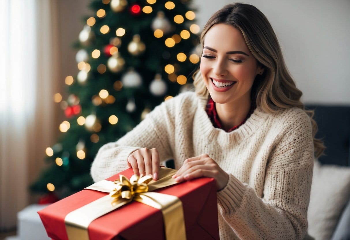 A woman unwraps a cozy Christmas sweater smiling with delight